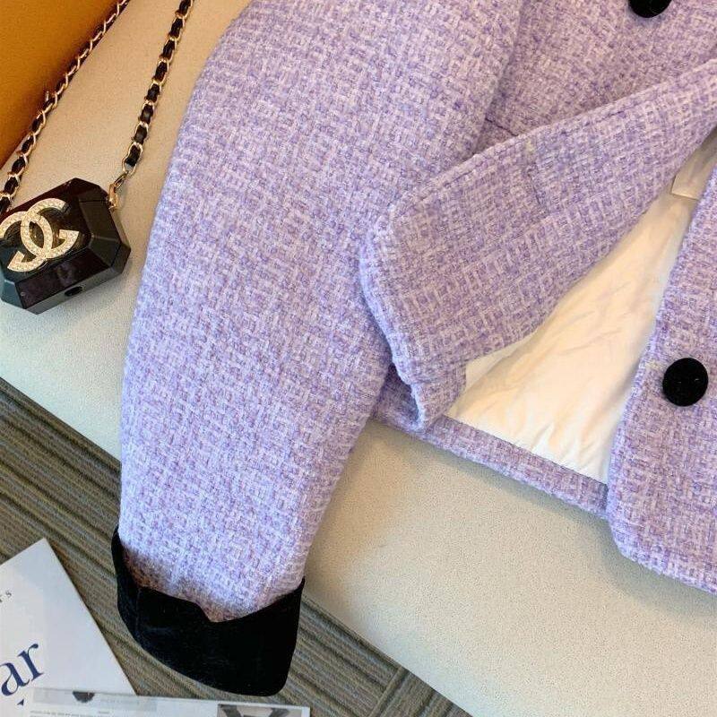 Áo khoác nữ dáng ngắn vải tuýt cổ ve áo dài tay — hoa oải hương màu tím, màu đỏ tía chi tiết 6