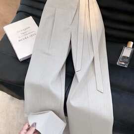 灰色高腰系带阔腿裤女夏季新款极简风显瘦遮胯通勤时尚休闲裤