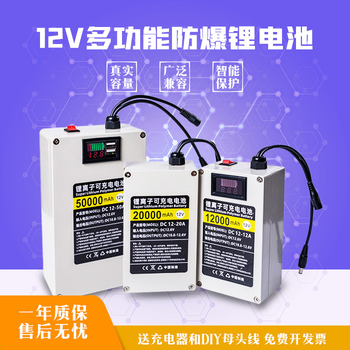 12V Large Capacity Polymer Rechargeable Shell Switch 5Vusb Digital Display Monitoring Led Light Box Lithium Battery