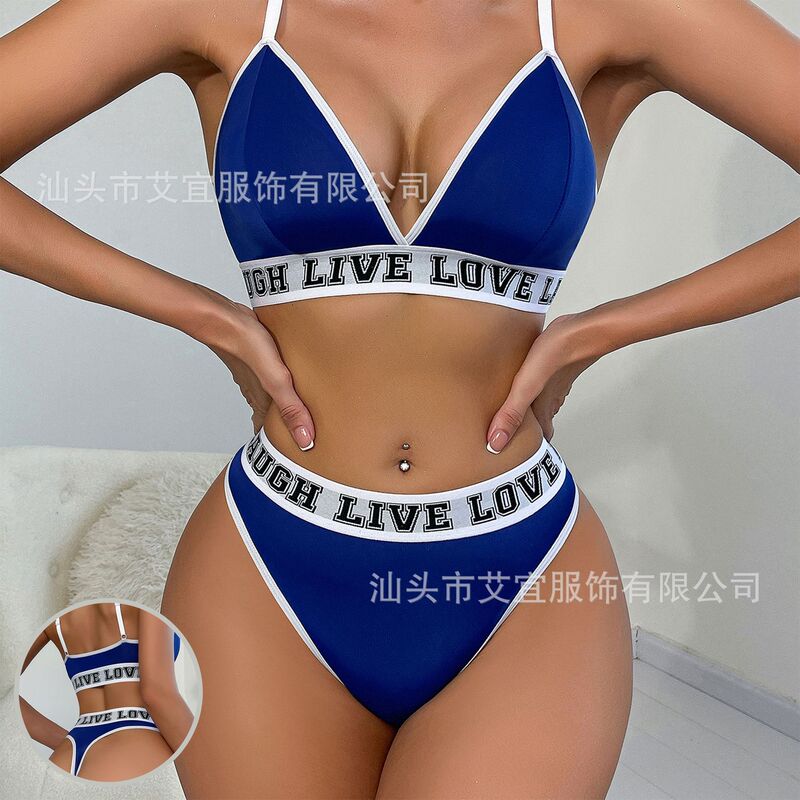 Cross-Border Foreign Trade Letter-Printed Sexy Women's Bra Set, Comfortable and Breathable, Side Breast-Retracting Underwear, Seamless Sexy Thong