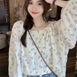 大码女装胖妹妹mm春季新款宽松显瘦遮肚子碎花长袖衬衫雪纺衫上衣