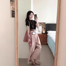 夏日ootd穿搭一整套2025黑色百搭短袖上衣高腰阔腿裤休闲两件套女