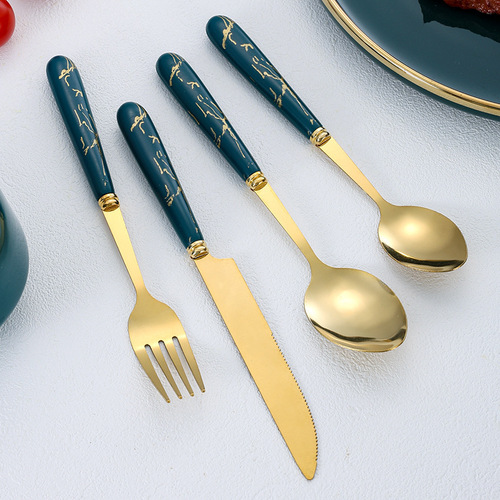 Cutlery storage steak knife, fork and spoon cutlery gift box dark green 24-piece set cross-border Nordic hotel western rack stainless steel