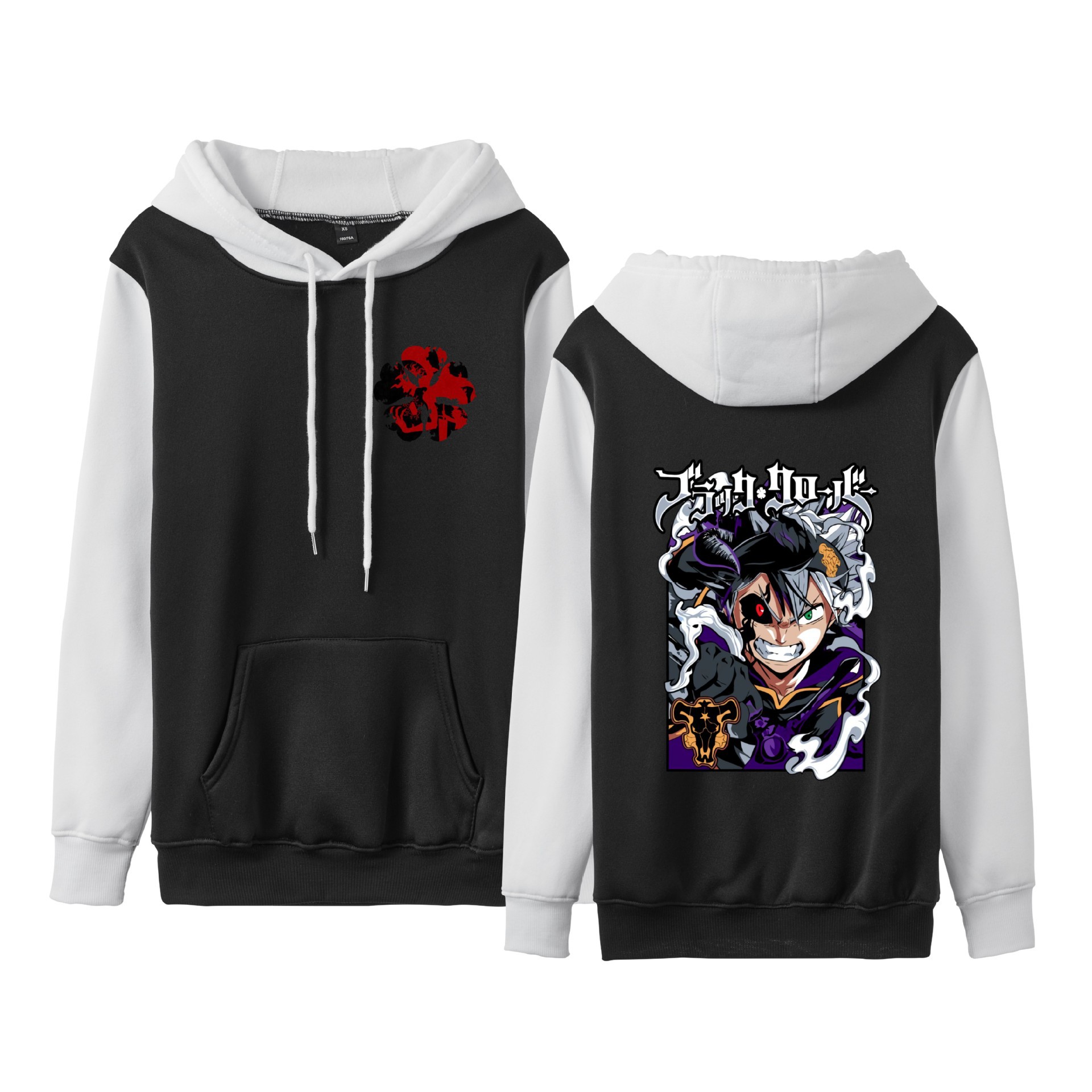 Trébol de cuatro hojas negro Black Clover suéter de pareja de talla grande para hombres y mujeres sudadera con capucha de contraste con capucha