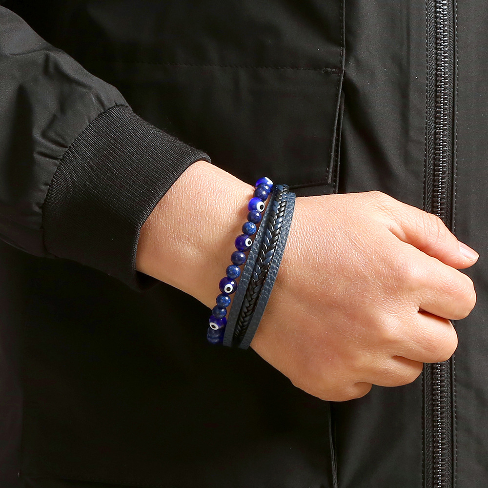 2PCS Glas Teufelsauge Perlen Leder Mehrschichtige Legierung Schnalle Armband Herren Neuer Stil_voghion.com