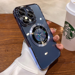 電気メッキTPU製iPhone17用スマホケース、拡大鏡付き、マグネット式、iPhone16Pro対応、レンズフィルム付き保護ケース