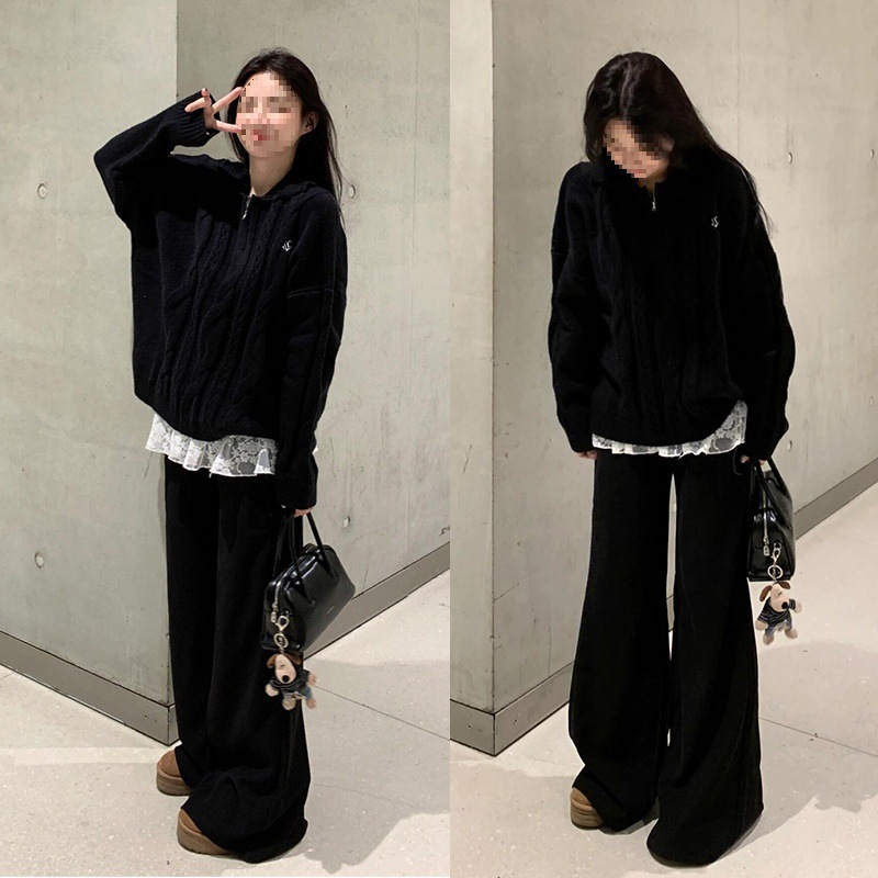 Black demi-season knitted sweater with zipper