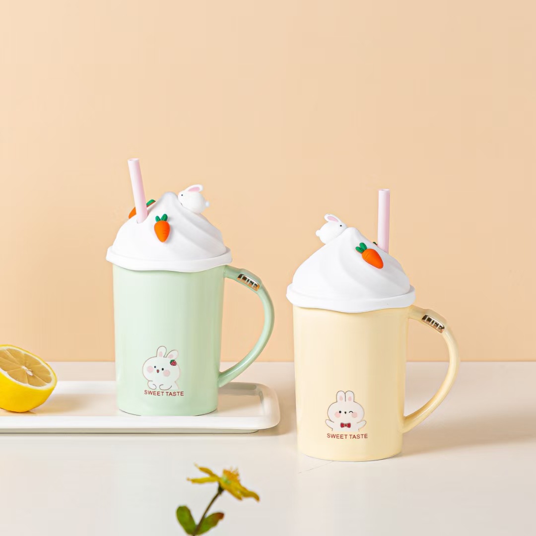 Estilo coreano regalo personalizado lindo conejo de dibujos animados taza paja color caramelo cerámica café Oficina del estudiante