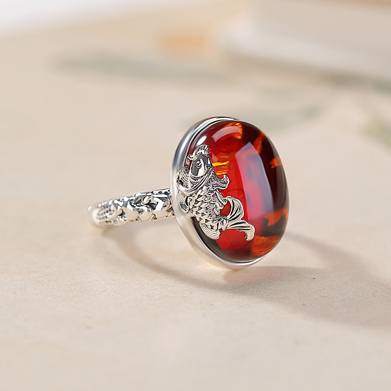 Nhẫn bạc S925 đính hổ phách đỏ hình cá chép phong cách retro vintage mở có thể điều chỉnh — Một mảnh