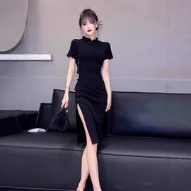 新中式复古改良旗袍连衣裙女夏季大码女装法式收腰显瘦盘扣小黑裙