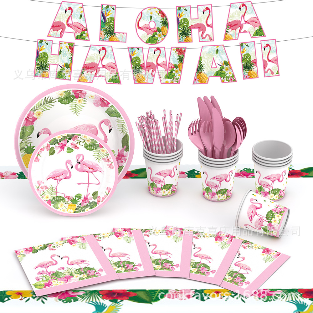 Temas de verano flamenco bandeja de papel desechable tazas de papel toallas de papel cubiertos bandejas de bandera hawaiana set decoración de fiesta