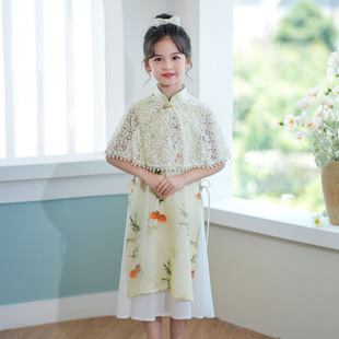 Spring and summer girls sunscreen shawl blouse round neck crochet hollow thin lace cheongsam with pearl brooch