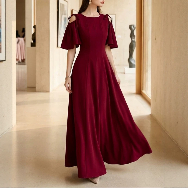 Burgundy off-shoulder toast dress with tie-up flutter sleeves, waist-cinching, large hem, mid-length, elegant party gown Burgundy off-shoulder toast dress with tie-up flutter sleeves, waist-cinching, large hem, mid-length, elegant party gown