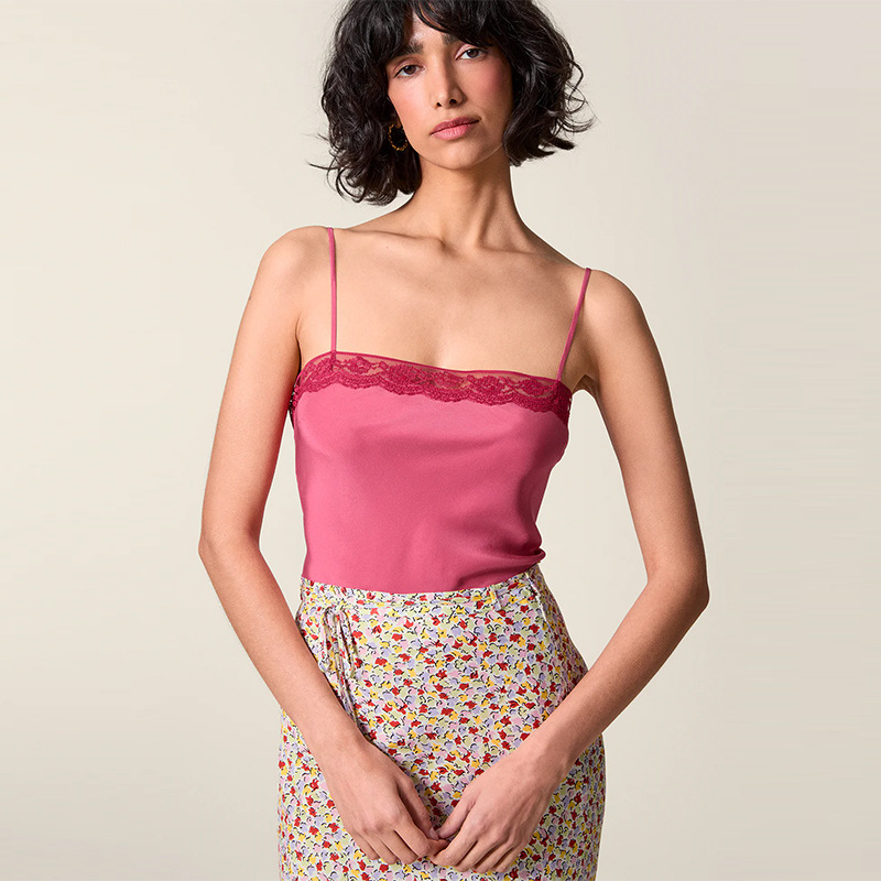 Model Test 944 New 2025 Pure Color Square Collar Lace Splicing Camisole French Elegant Sexy Style