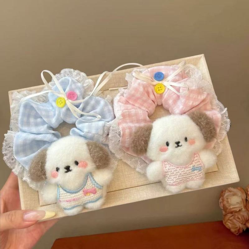 韩系ins风可爱小狗蕾丝花边蝴蝶结大肠发圈甜美发饰少女马尾头绳|undefined