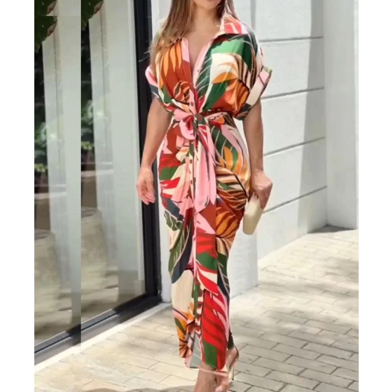 Women's Irregular Skirt Elegant Shirt Collar Printing Belt Short Sleeve Flower Maxi Long Dress Street display picture 1