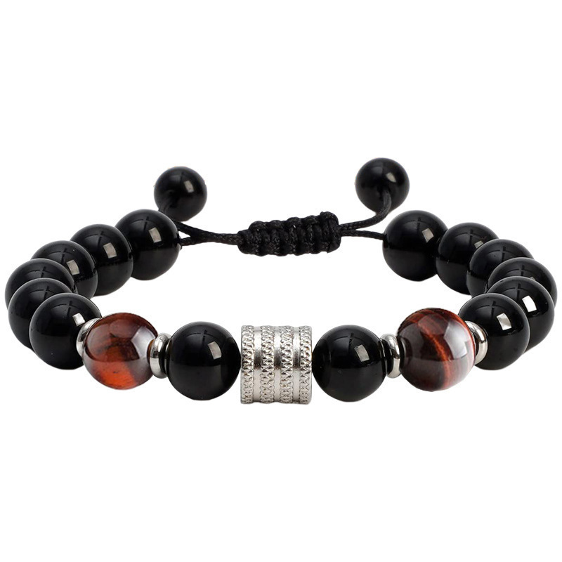 Stainless Steel Men's Bracelet 10mm Tiger Eye Obsidian Stainless Steel Barrel Bead Bracelet Red Tiger Eye Barrel Bead Bracelet
