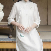 气质汉元素改良裙夏季新款优雅国风新中式复古立领白色短袖旗袍裙