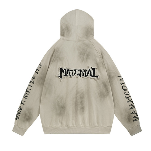 American-style unisex post-apocalyptic distressed-dye heavyweight hoodie jacket set for men, featuring patchwork embroidery and a hood.