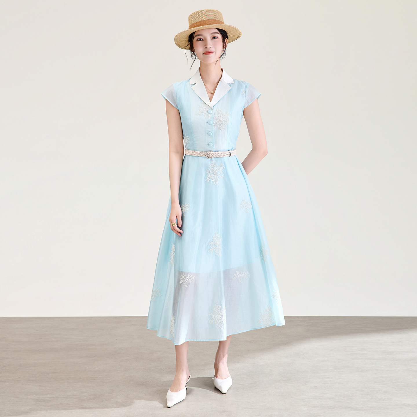 Đầm maxi nữ thắt eo tay phồng nhẹ dáng suông — xanh lam