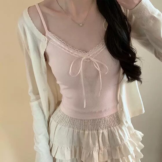 Pure Desire Lace Vest Sweet Bottoming Hot Girl Bow Breast Pad Slim Suspender Design Sleeveless Top