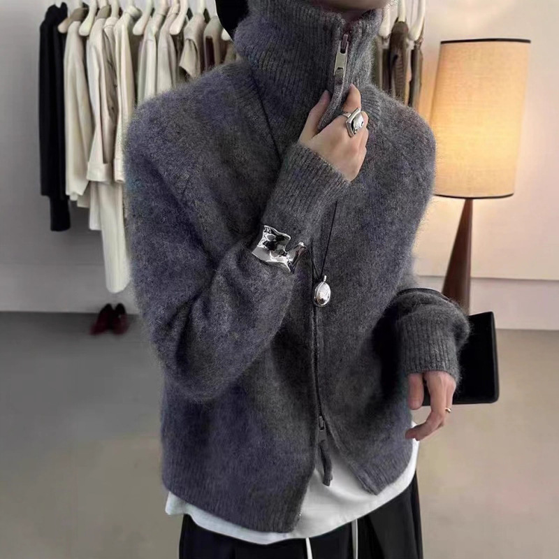 French-Style European High-Neck Cashmere Knit Cardigan for Women, Autumn and Winter Loose Sweater, Thick Wool Base Top, New