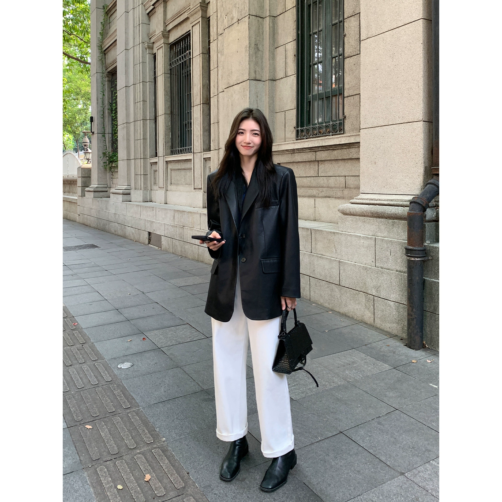 Black polyurethane autumn small classic suit jacket, oversize, bright catchy style
