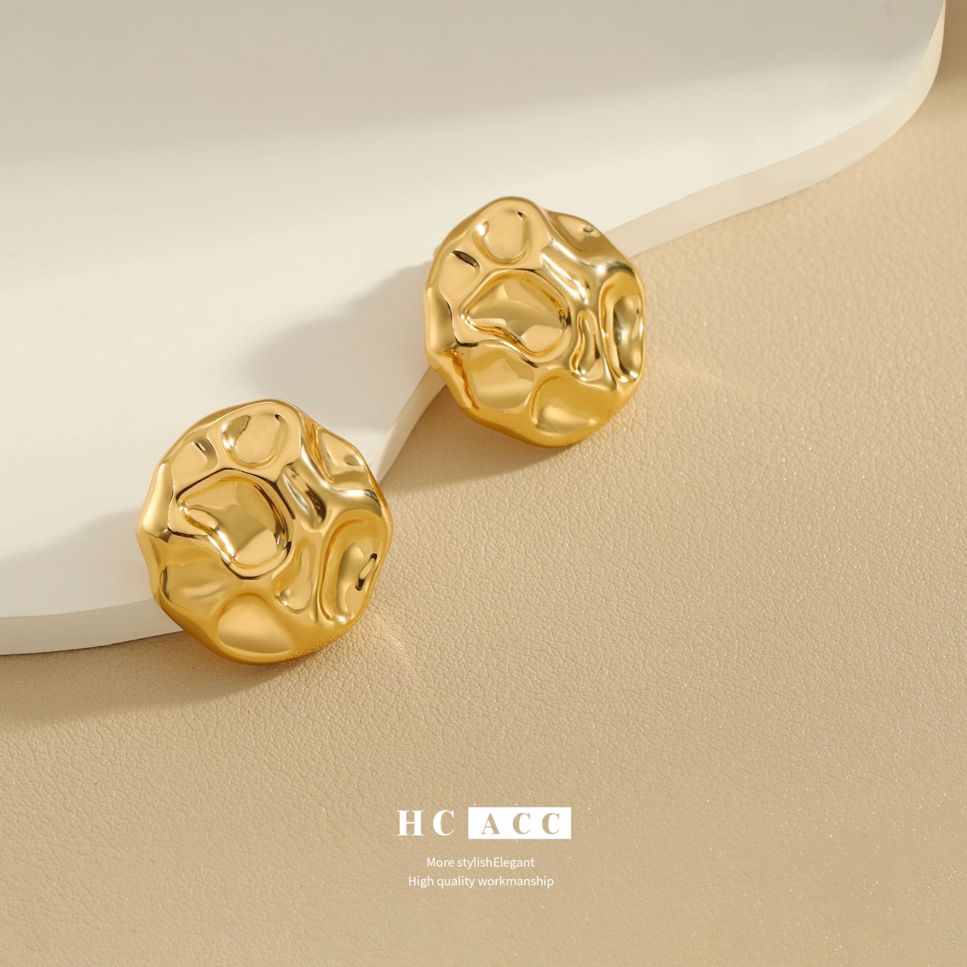 fashionable-simple-irregular-design-metal-color-matching-bright-surface-pleated-concave-convex-earrings-elegant-ins-style-female-earrings