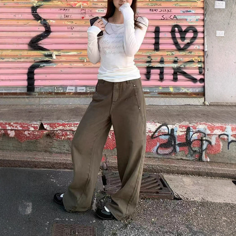 Im California Highway' American Retro Straight Pants for Women, Simple Rivets, Loose and Lazy Work Jeans