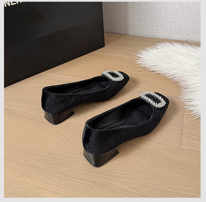 Giày bệt nữ mũi vuông khóa cài đính đá, cổ thấp, đế bằng, giày công sở — màu xám, màu đen chi tiết 24