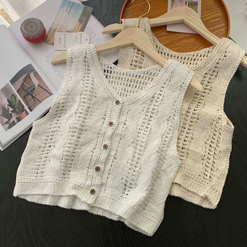 Design Crocheted Cut Out Cardigan Knitted Vest For Women Spring And Summer Casual Versatile Sleeveless Vest Top