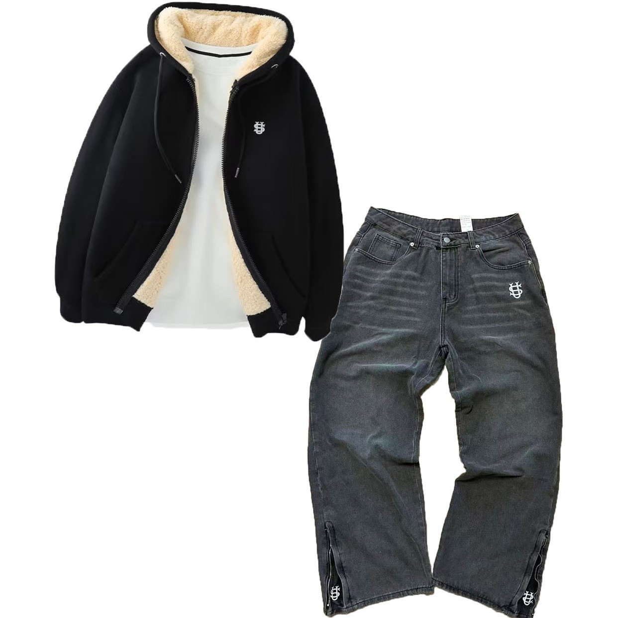 Men's Clothing Autumn And Winter Men's Letter Embroidery Hot Stamping Lambskin Jacket Jeans Suit_voghion.com