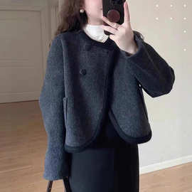 小香风黑色双面毛呢短款外套女秋冬季高级感气质呢子大衣西装上衣