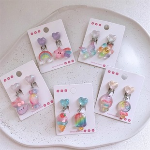 New Children's Jelly Color Rainbow Flower Love Ear Clip Sweet Girl Princess Ear-less Pendant Earrings Earrings