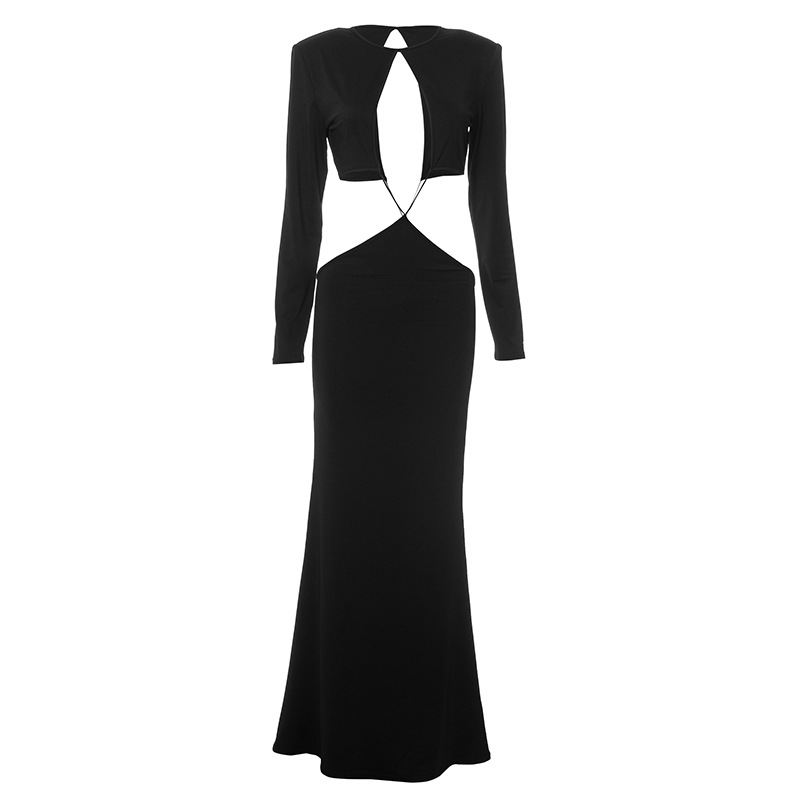 Summer Women Solid Color Long Sleeve Cropped Outfit Sexy Cutout Dress 8 Summer Women Solid Color Long Sleeve Cropped Outfit Sexy Cutout Dress