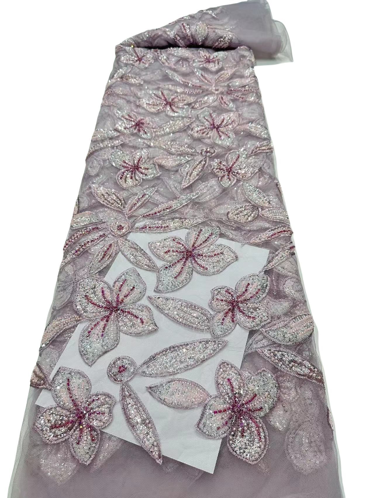 Flores de hojas bordadas de encaje bordado tela de alto lujo vestido de boda vestido de tela en stock