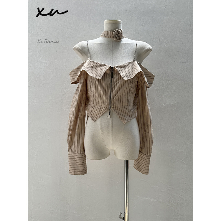 Loss! Xu618 # M Size Sweet and Sexy One-Shoulder Striped Halter Top with Three-Dimensional Flower Zipper Long-Sleeve Shirt