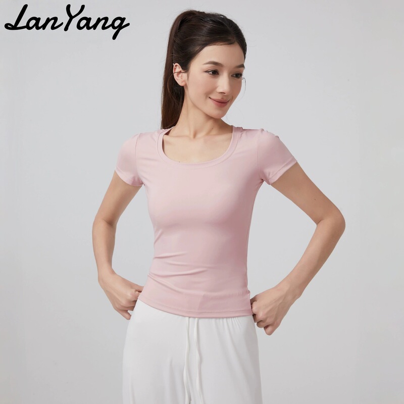 Fitness Yoga Wear Short-Sleeved Women's Summer Elastic Slimming Sports Top U-Neck Slim Fit Pilates Training T-Shirt