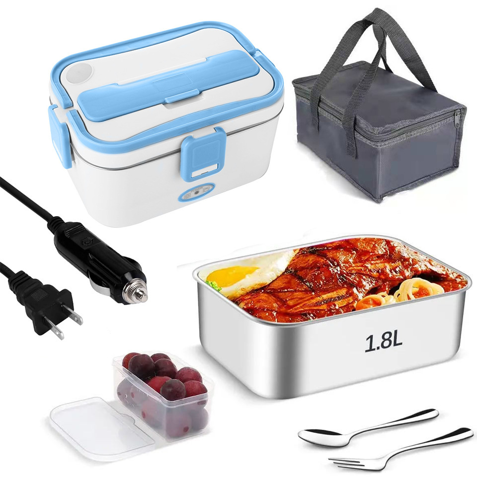 파란색 1.8L 물 없는 도시락통(스테인리스 라이너 + 밀봉 링) + 포크 + 스푼 + 보온 가방