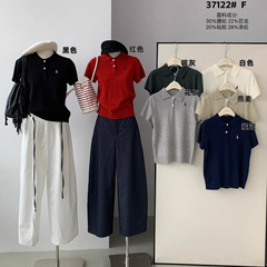 SUE秋季新款翻领刺绣小马Polo领针织衫韩系休闲宽松显瘦上衣37122
