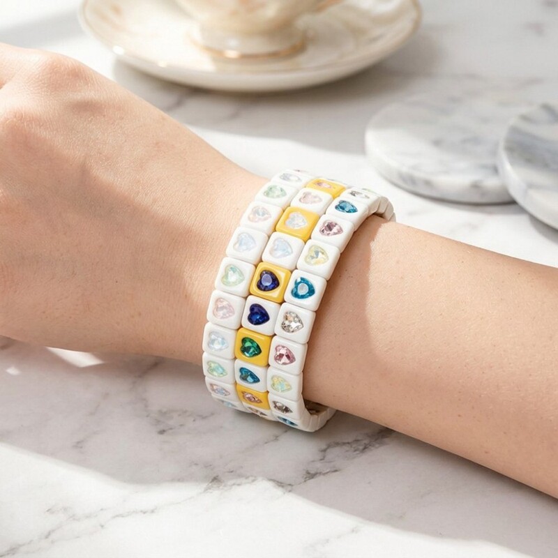 Alloy Enamel Beaded Square Bracelet with Heart-Shaped Rhinestone Accents Alloy Enamel Beaded Square Bracelet with Heart-Shaped Rhinestone Accents