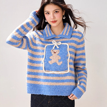 R6046原创设计撞色条纹翻领可爱小熊毛衣女秋冬外穿针织衫上衣潮