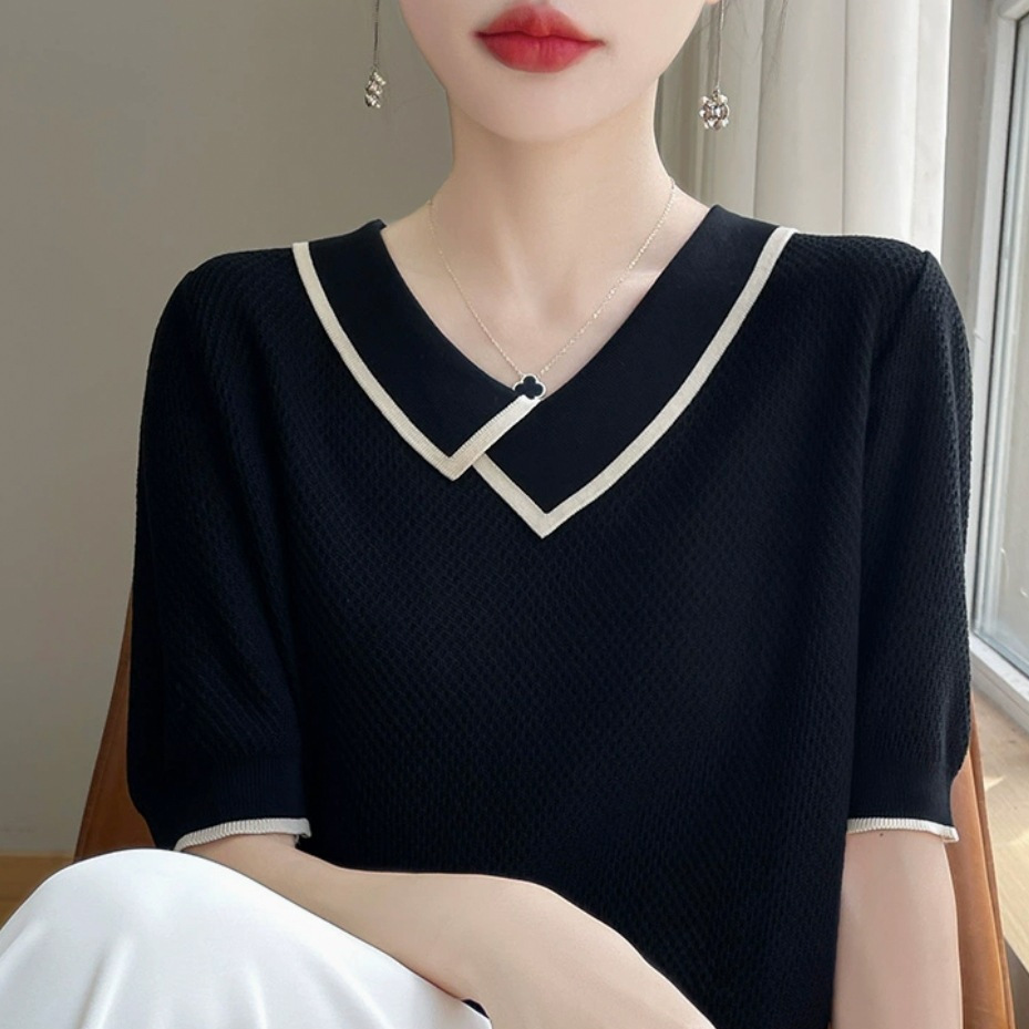 Sweet Irregular Doll Collar Short-sleeved Sweater Women's Summer New Style Elegant Age-reducing Shoulder Contrast Color Lar Thin T-shirt