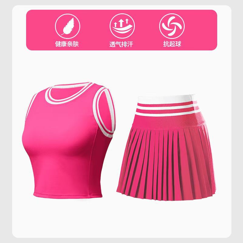 [Traje deportivo] chaleco de bra de cuello redondo de mujer, cintura alta, color combinado, vestido de tenis de pliegues secos rápidos, ropa apretada.