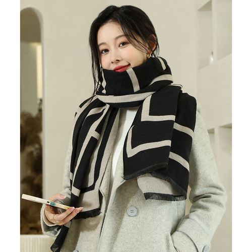 Minimalist OM scarf for women, Korean style geometric faux fur autumn winter warm scarf, fashionable versatile long length trendy shawl