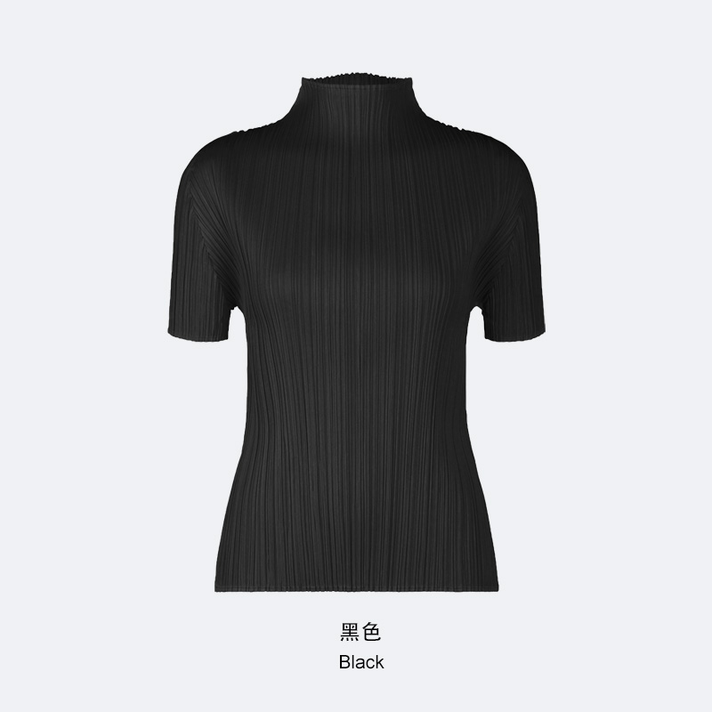 단색 다용도 플리츠 탑 여성용 미야케 클래식 기본 스타일 하이넥 슬림핏 여름 얇은 반팔 티셔츠