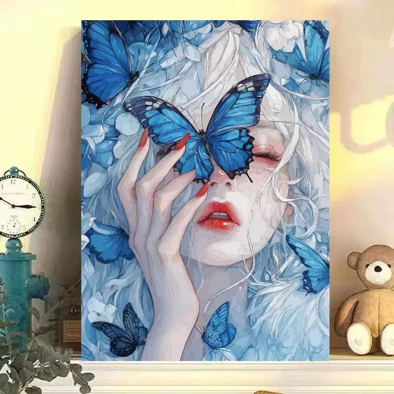 蝴蝶女孩数字油画diy 填色手工画解压手绘填充花朵数字油画批发