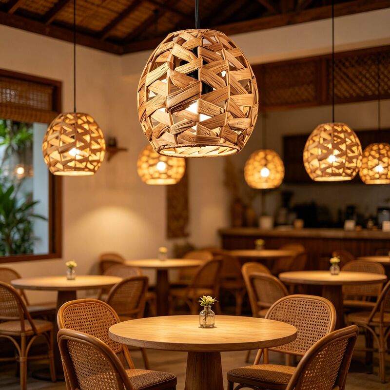 Bohemian Style Natural Water Hyacinth Woven Spherical Hollow Lampshade for Restaurant and Homestay Outdoor Ambiance Lighting