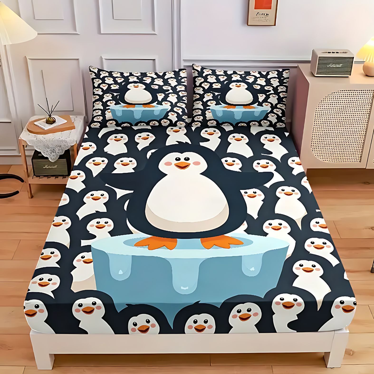 TEMU / JIT adorable pingüino impresión digital de alta definición conjunto de cama de cama de la fuente de los fabricantes a través de la frontera puede fijar