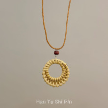 跨境新款手工编织拉菲草几何项链可调节时尚波西米亚长款挂脖颈链